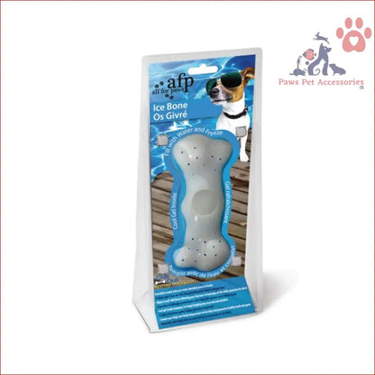 Grey bone-shaped dog freezable bone toy in blue packaging for cooling gel teething fun