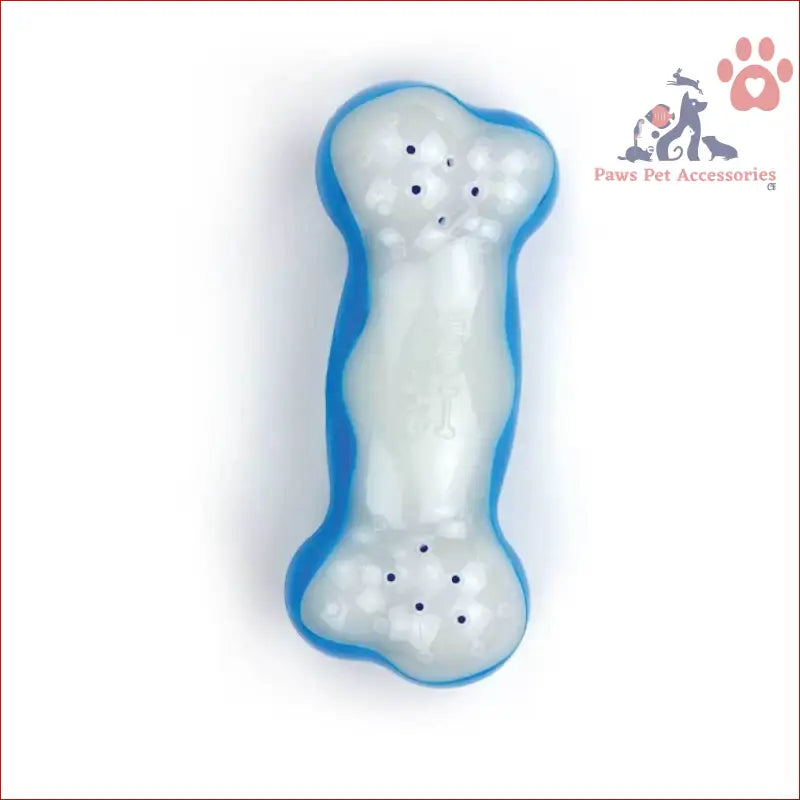 White dog bone toy with blue edges, perfect for cooling gel teething and fun chews