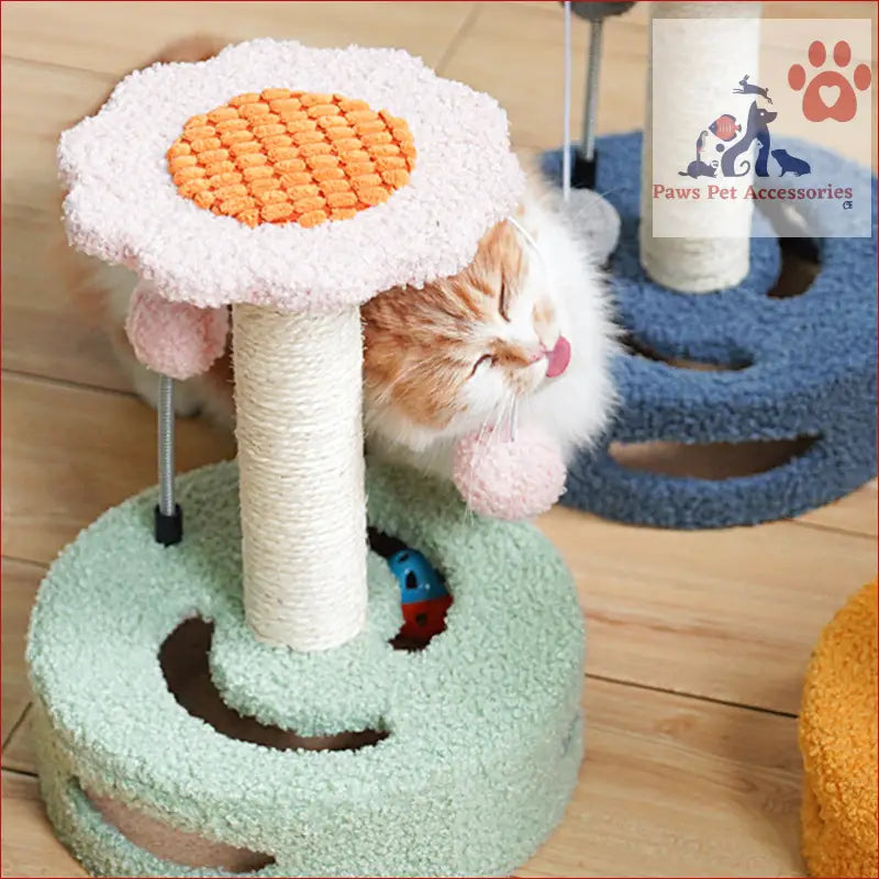 Interactive Cat Scratching Post with playful ball toys and flower-shaped platform