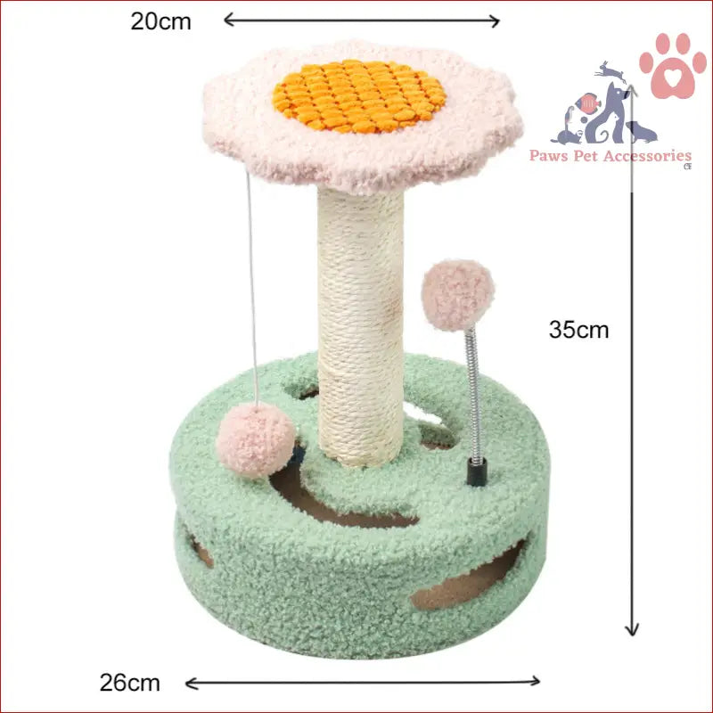 Cat scratching post designed like a fried egg with playful ball toys on mint green base