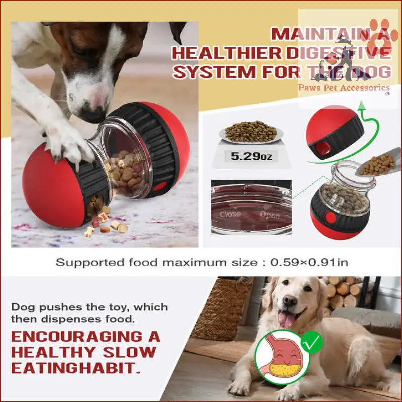 Red ball-shaped dog slow feeder toy dispensing kibble for fun and healthy eating