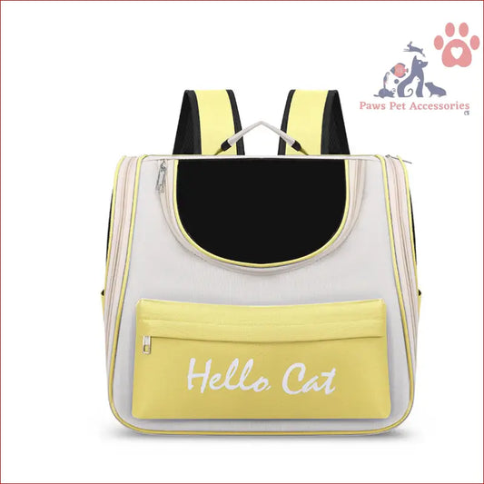 Gray and yellow pet carrier backpack with Hello Cat on front pocket, perfect for travel!