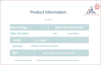 Shoulder tab bar specifications for the Yellow Transparent Pet Carrier Backpack