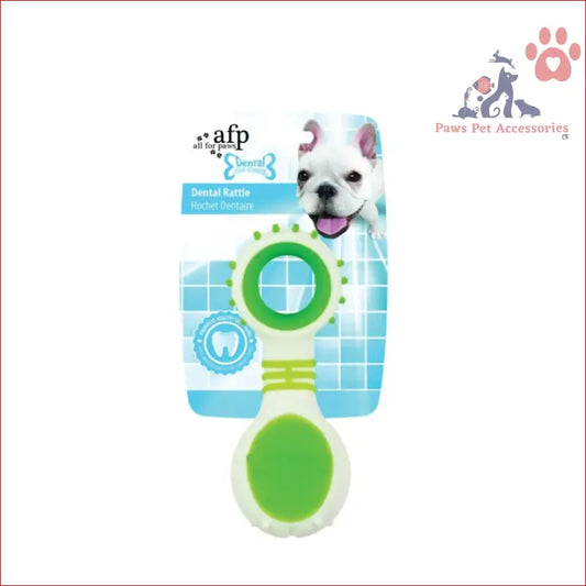 Green and white Dog Dental Rattle, perfect for puppy teething and cleaning gums rubber