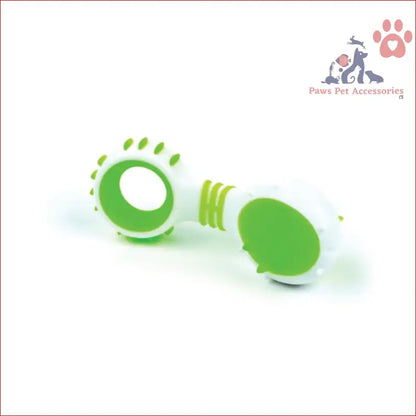 Green and white plastic dog dental rattle for puppy teething and cleaning gums rubber