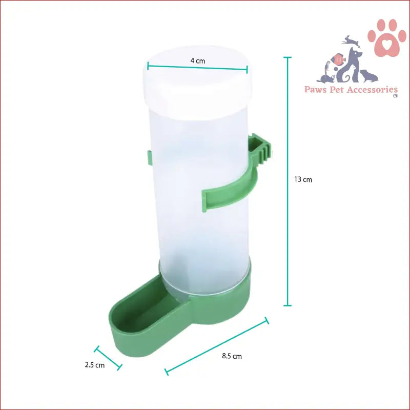 Bird water feeder with green base and clear reservoir for automatic pet parrot care