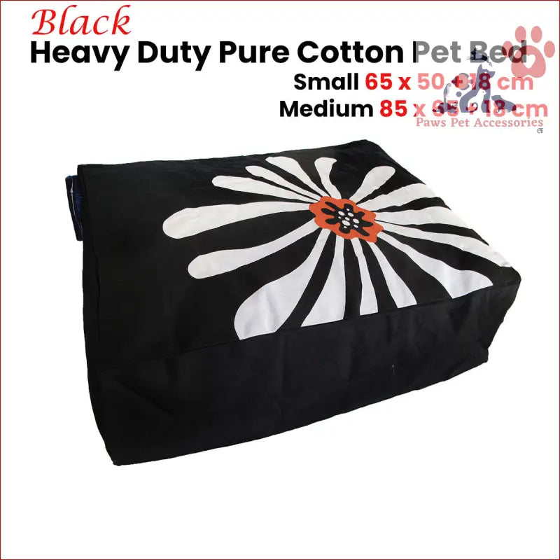 Black cotton pet bed cover with daisy design, perfect for a heavy duty pure cotton dog bed