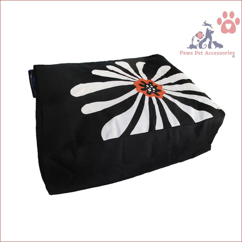 Black cushion with white flower design and orange center on Heavy Duty Pure Cotton Pet Dog Bed