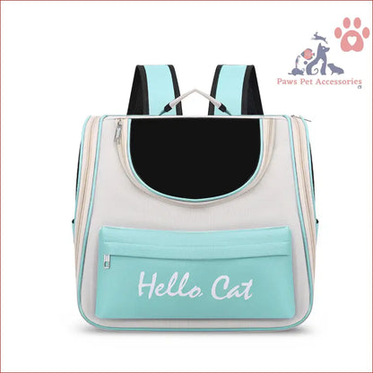 Mint green and white pet carrier backpack with Hello Cat text for pets on the go