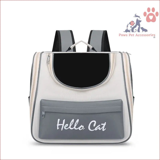 White and gray pet carrier backpack with Hello Cat text for travel with pets