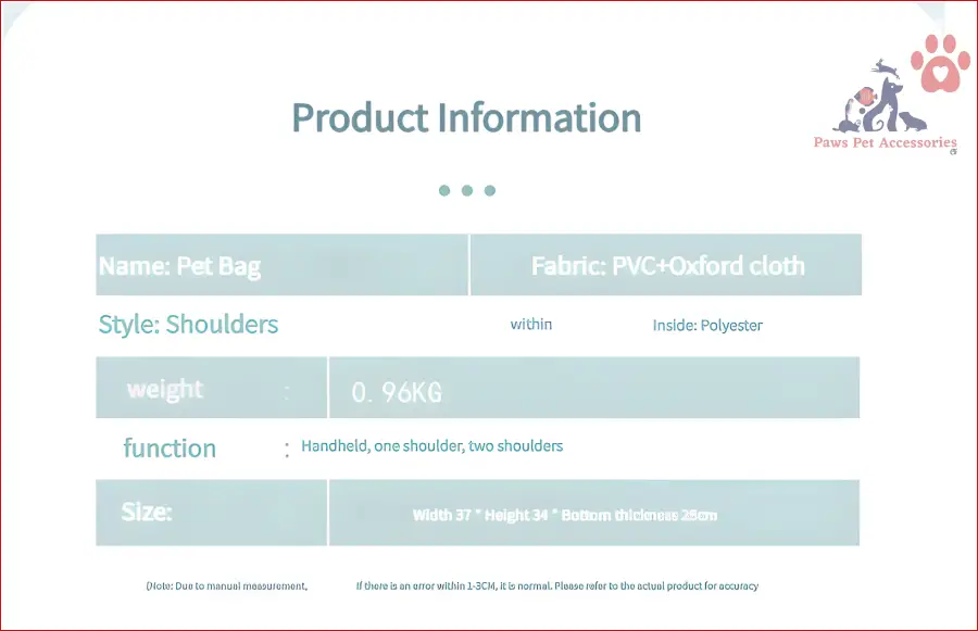 Product info card for a Grey Transparent Pet Carrier Backpack showing shoulder tab specs