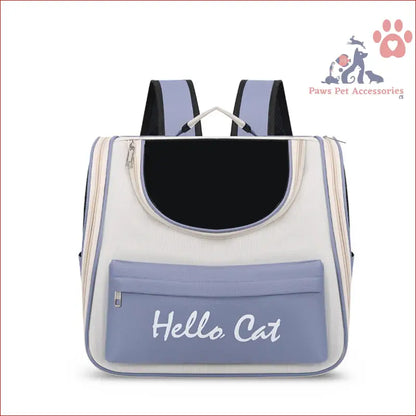 White and lavender pet carrier backpack with Hello Cat on blue transparent design