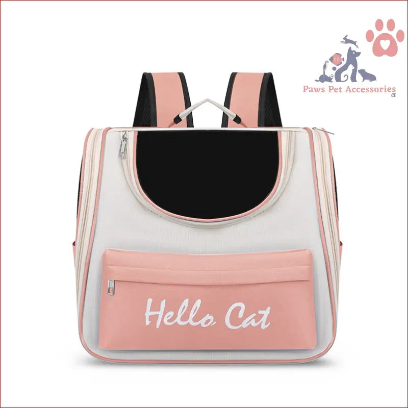 Cute pink pet carrier backpack featuring Hello Cat text on front pocket for pets