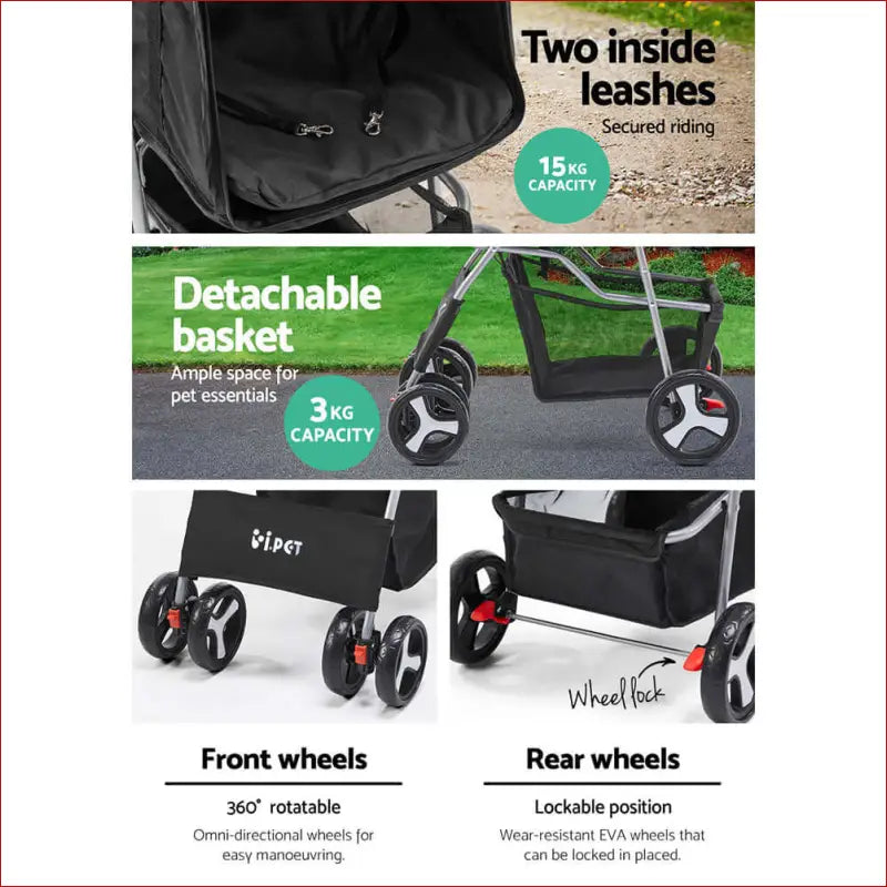 I.pet 4 Wheel Pet Stroller - Black - 6