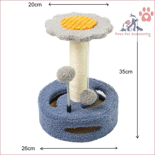 Interactive cat scratching post featuring blue base, egg design, and playful ball toys