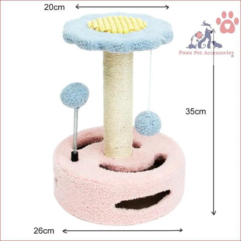 Pink and blue interactive cat scratching post with playful ball toys for fun feline play