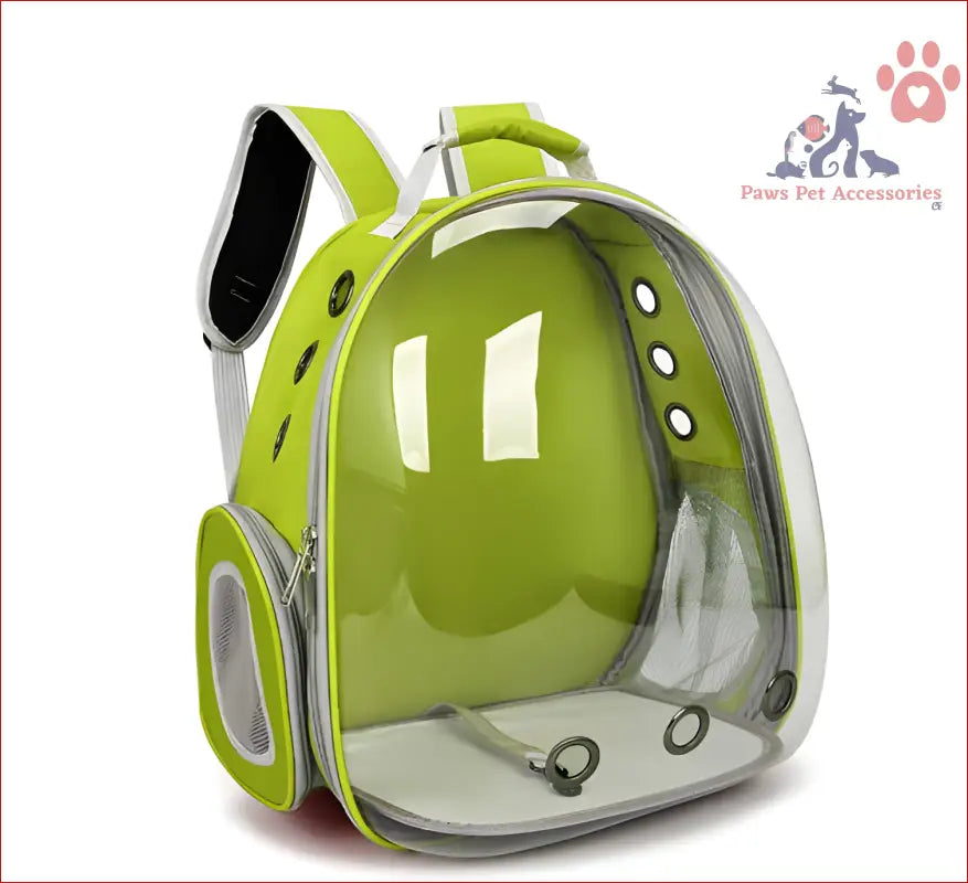 Lime green transparent bubble pet carrier backpack with ventilation and silver trim