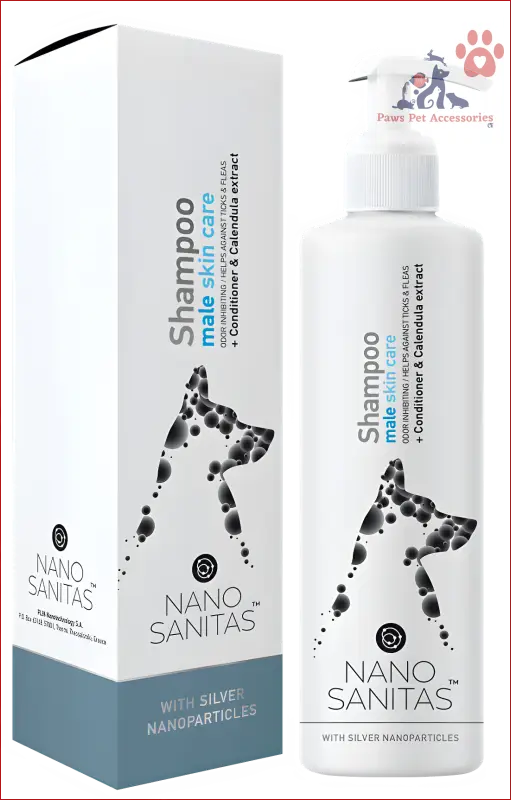 White bottle and box of Nano Sanitas Male Skin Care Dog Shampoo with spotted dog design