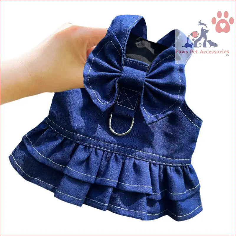 Navy blue satin dress with ruffles and decorative bow for pet denim harness set