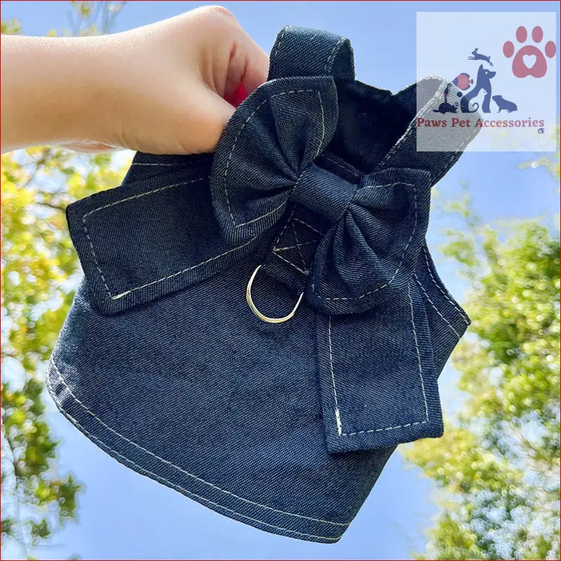 Black denim pet harness with decorative bow from the Pet Denim Harness Dress Set