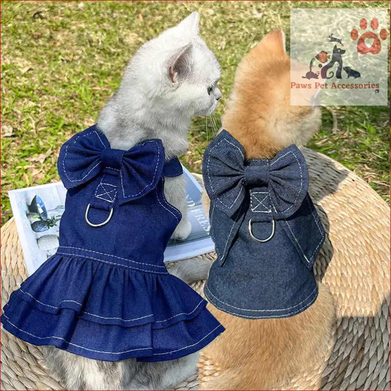 Two cute cats rocking matching denim harness dresses with bows, perfect for pets