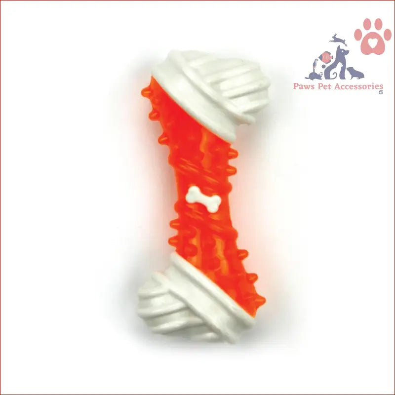 Red and white dog chew bone toy with bone design, perfect for puppy dental teething fun