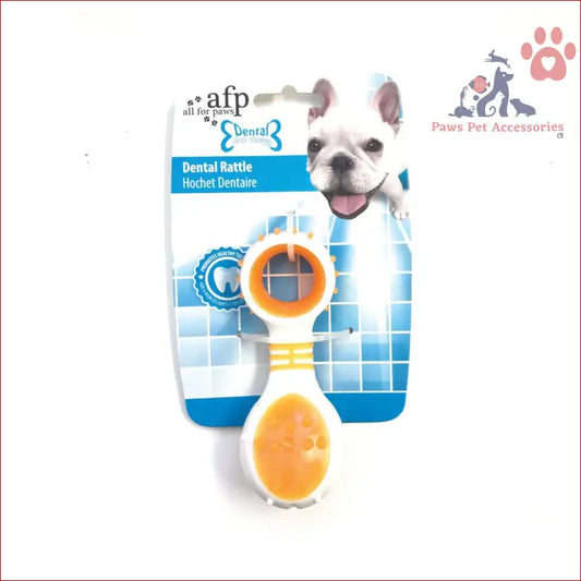 Orange and white dog dental rattle toy for puppy teething and cleaning gums rubber