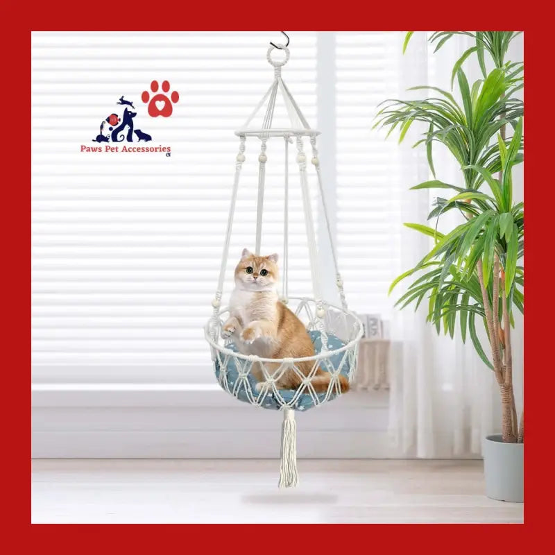 Petswol Macrame Cat Hammock - Handwoven Boho Swing for Indoor/outdoor - Blue - Bed/hammock 7