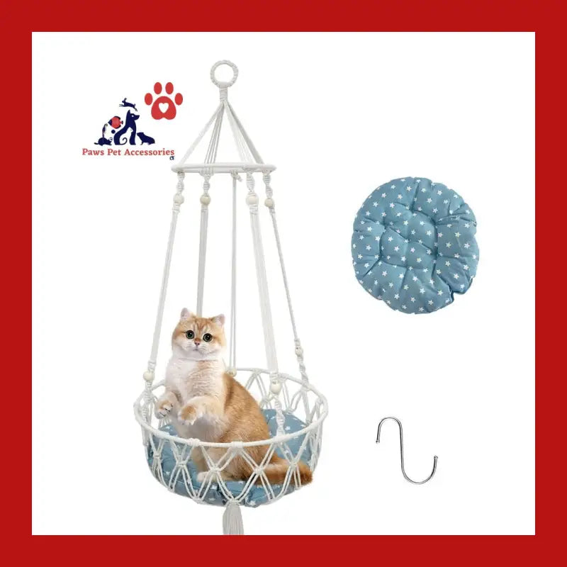 Petswol Macrame Cat Hammock - Handwoven Boho Swing for Indoor/outdoor - Blue - Bed/hammock 1