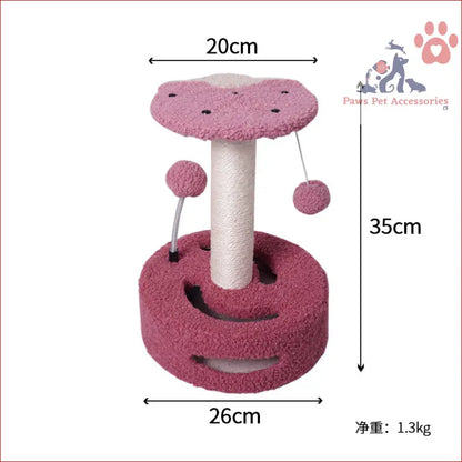 Pink cat scratching post with playful ball toys and flower design for interactive fun