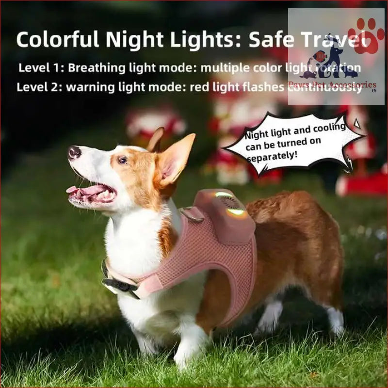 Corgi in a pink pet cooling harness with LED lights, perfect for summer walks