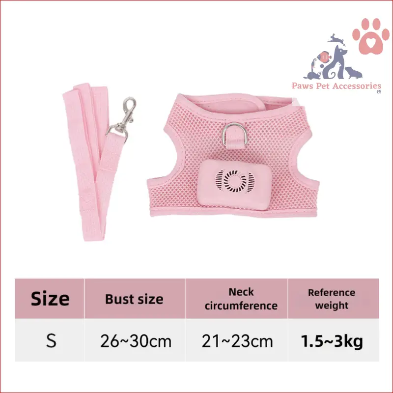 Pink mesh pet cooling harness with LED lights and matching leash for small dogs and cats