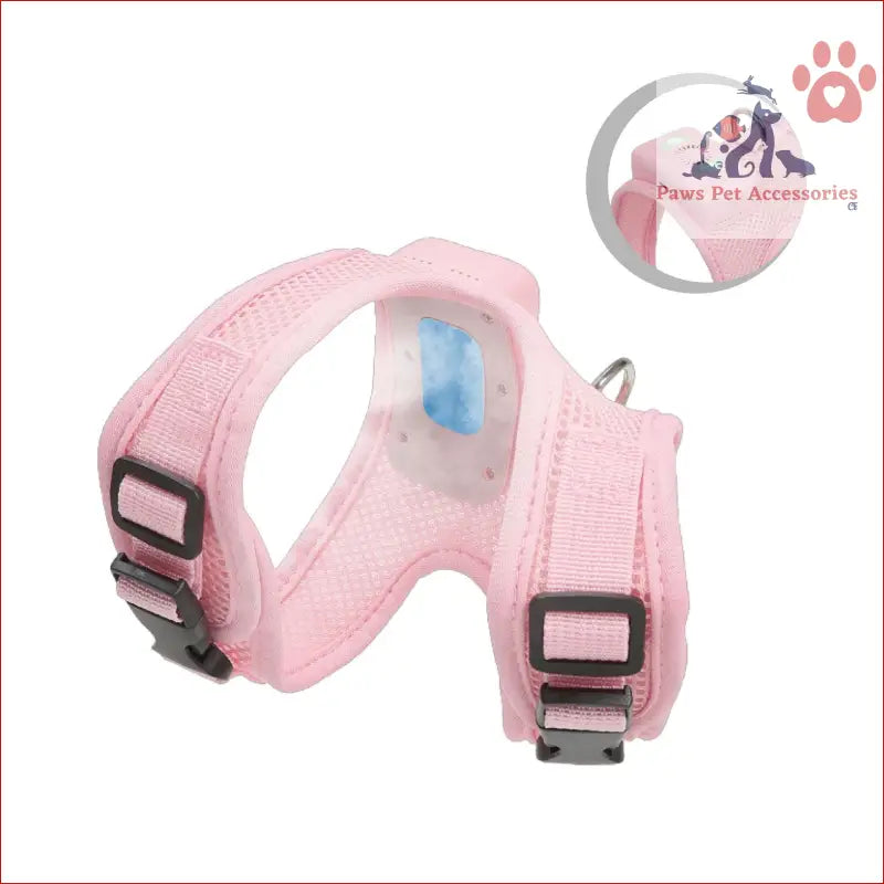 Pink pet cooling harness with adjustable straps and LED lights for small dogs and cats