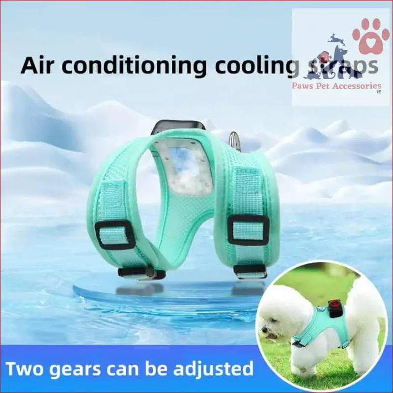 Mint green pet cooling harness with LED lights for summer relief for small dogs and cats