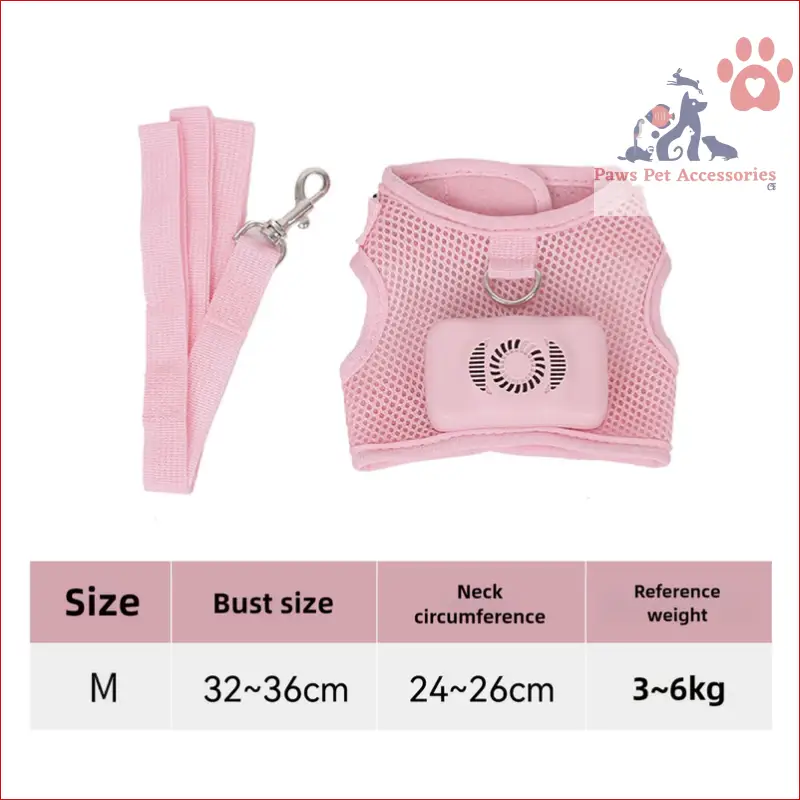 Pink mesh pet cooling harness with LED lights, leash, and size chart for small dogs