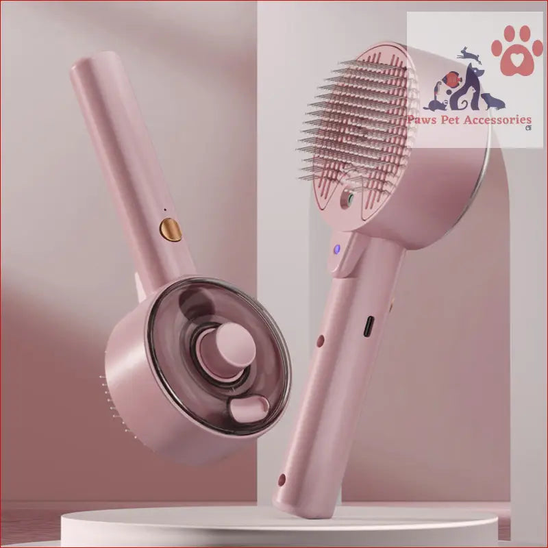 Pink electric hair dryer with round brush for pet grooming spray and one-click hair removal