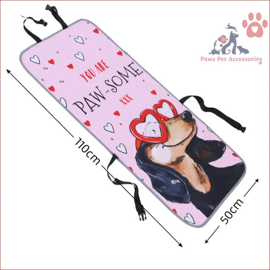 Pink dog car seat protector with hearts and PAW-SOME text for your puppy dog