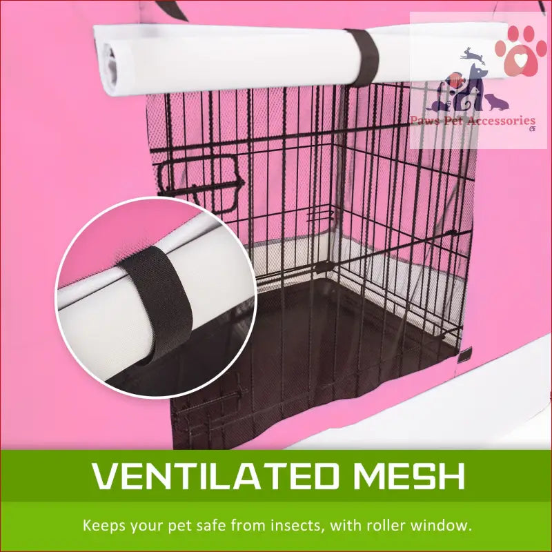 Metal wire dog cage with ventilated mesh window in a pink 24in cage crate cover