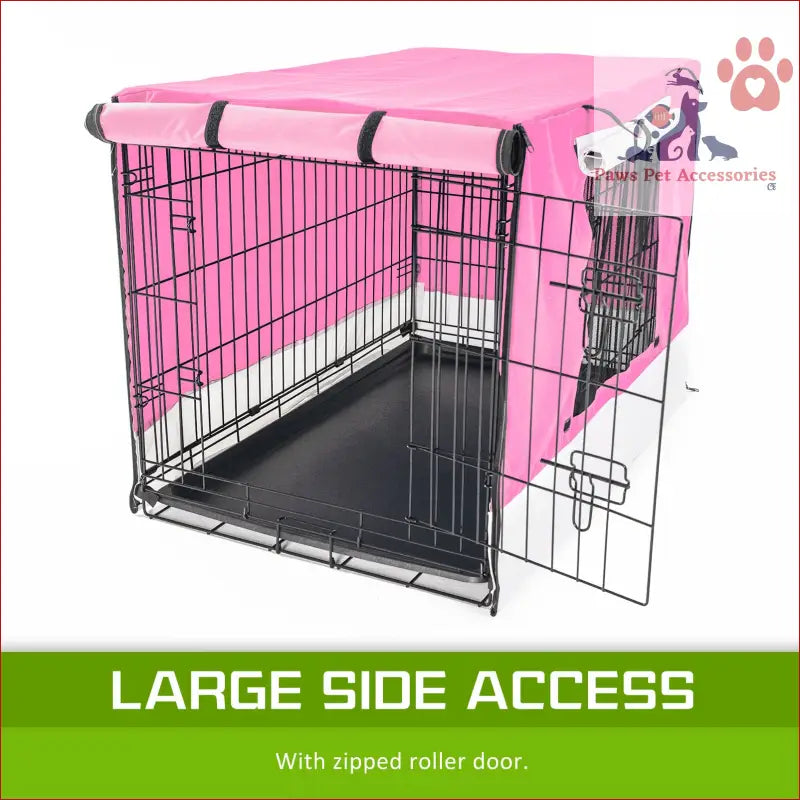 Pink fabric cover for a 24in wire dog cage with side access door for style and comfort