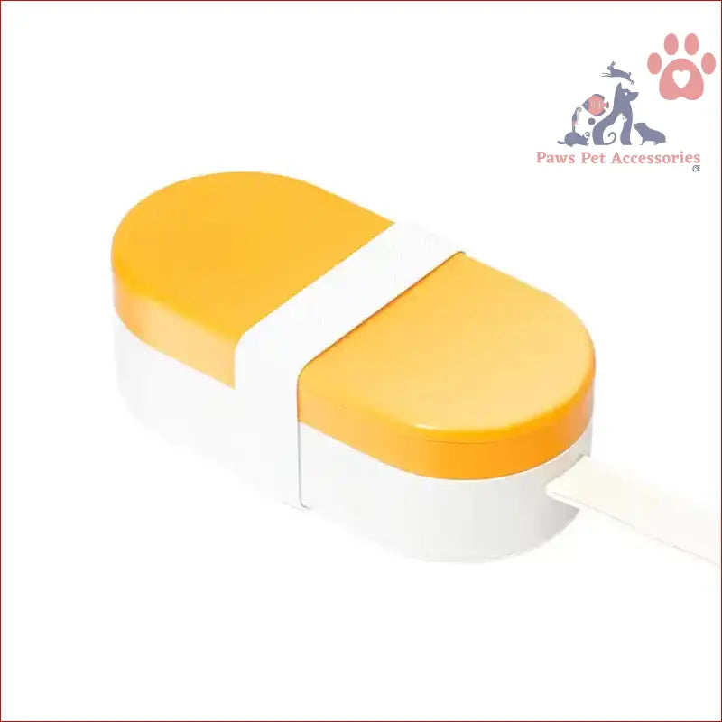 Yellow pill split in half next to a Portable Pet Food Storage Box with 90g capacity