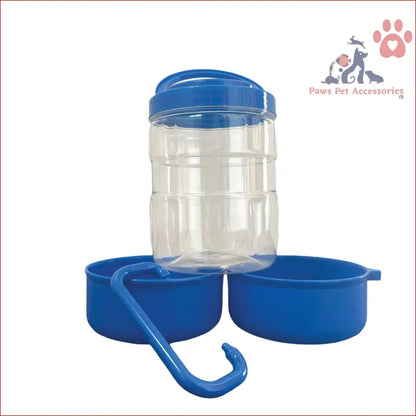 Clear plastic container with blue lid and attached bowls for pet travel food and water