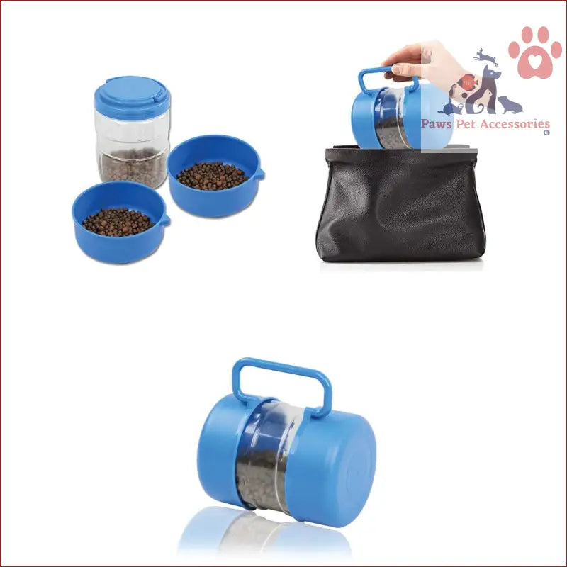 Blue plastic pet food container with handle for portable feeding carry and travel