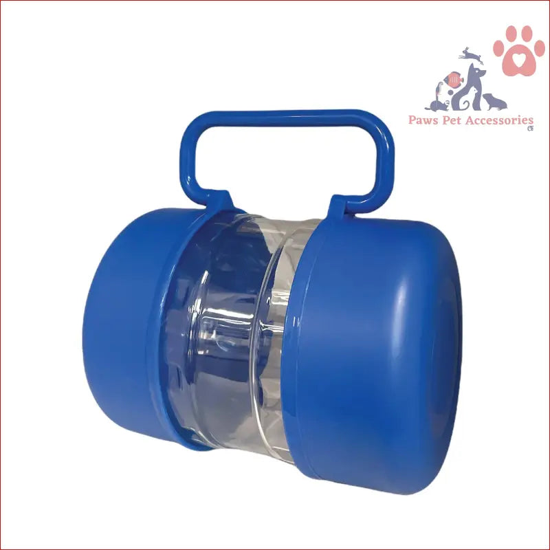 Blue plastic pill crusher for pet travel food in a portable feeding carry set