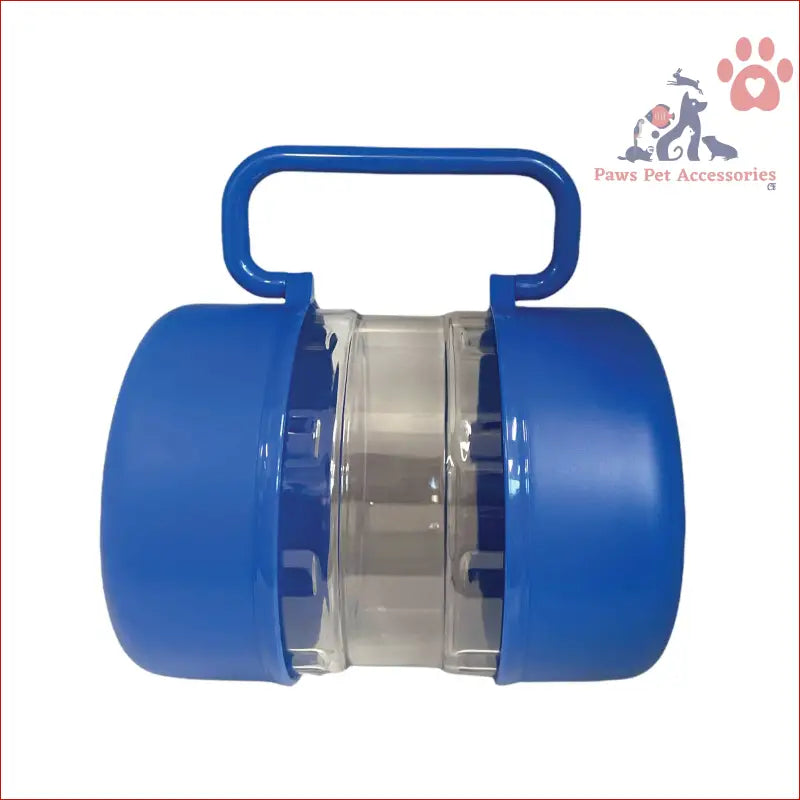 Blue plastic roller with handle for easy pet travel food and portable feeding carry