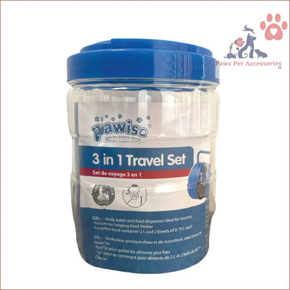 Clear plastic container with blue lid for Pawise 3 in 1 pet travel food and portable feeding