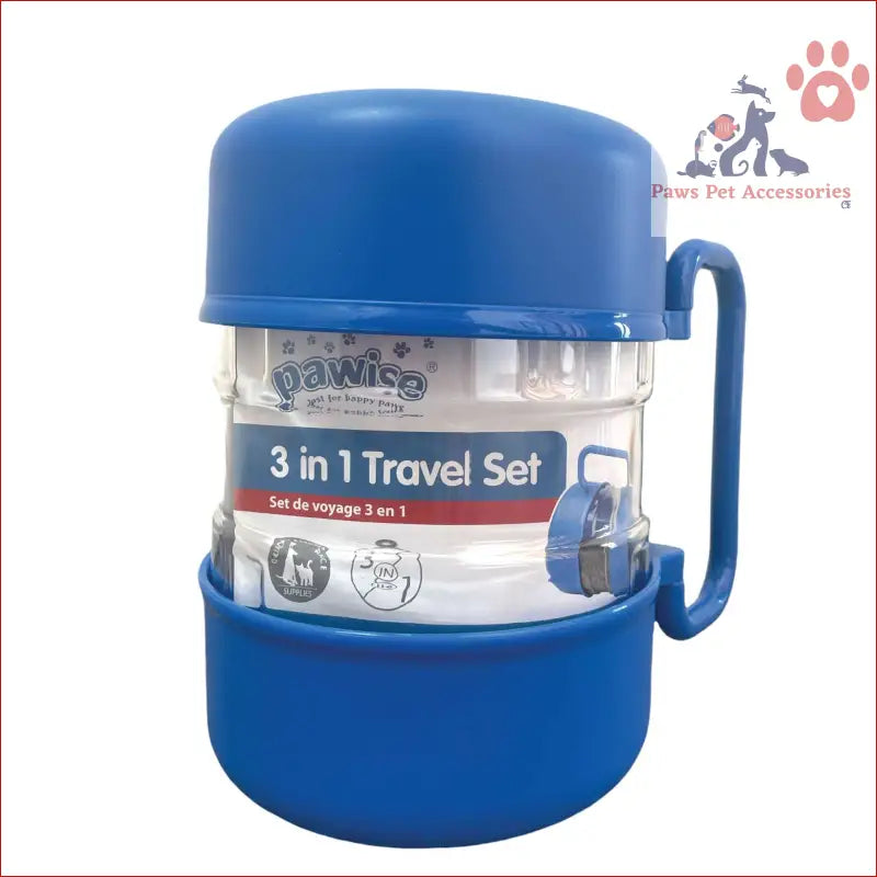 Blue plastic travel container for pet travel food with clear section and handle