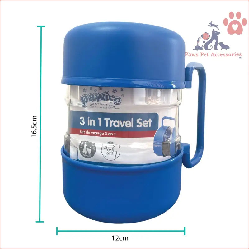 Blue plastic travel container with carabiner clip for 3 in 1 pet travel food bowl set