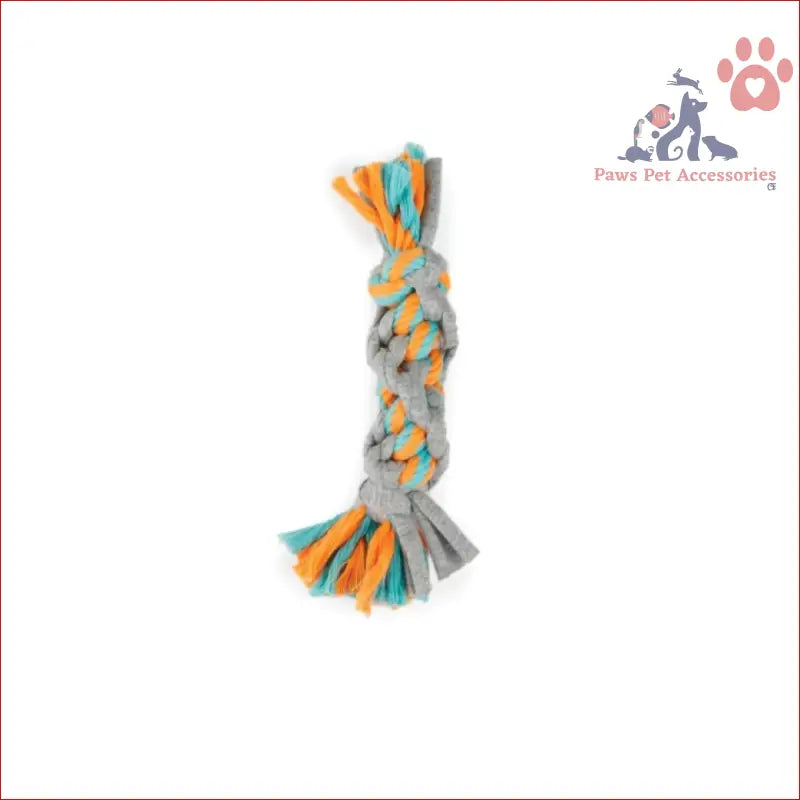 Braided rope toy in gray, orange, and turquoise for puppy chew rope fun and teething