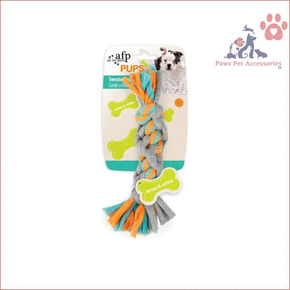 Colorful puppy chew rope toy with bone accents and frayed ends for teething pups