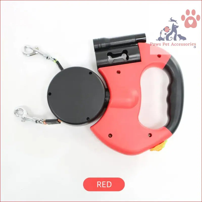 Red Dual Retractable Dog Leash with black housing for walking two dogs easily